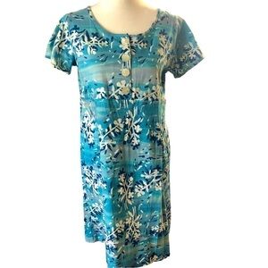 Pudding Shop Cotton Aline Tee Dress Women M Blues White Watercolor Ocean Floral